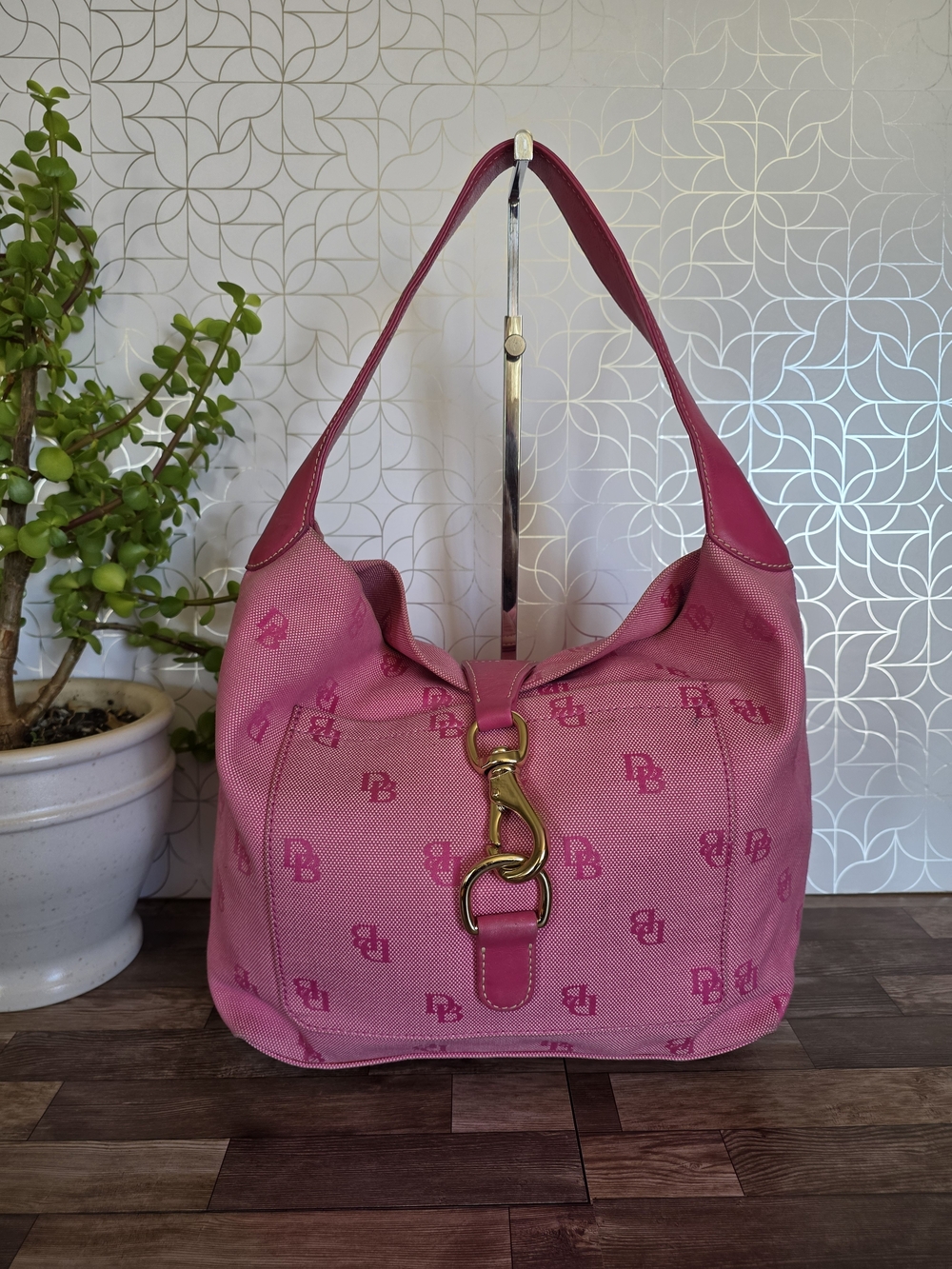 vintage Y2K Dooney & Bourke Signature Monogram Jacquard Logo Lock Hobo Bag